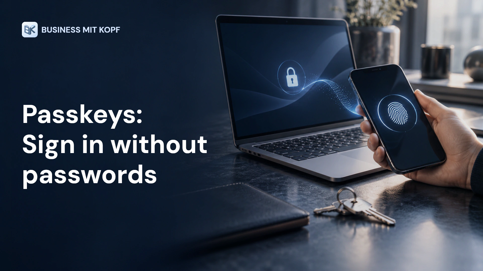 Smartphone fingerprint and an unlocked laptop. Title: Passkeys: Sign in without passwords.