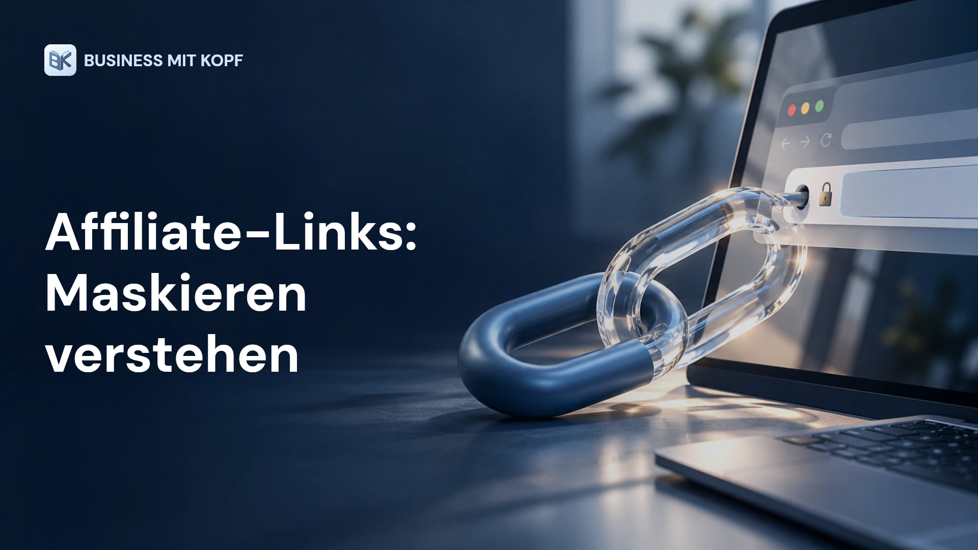 Offene und umhüllte Kettenglieder neben einem Laptop. Titel: Affiliate-Links: Maskieren verstehen.