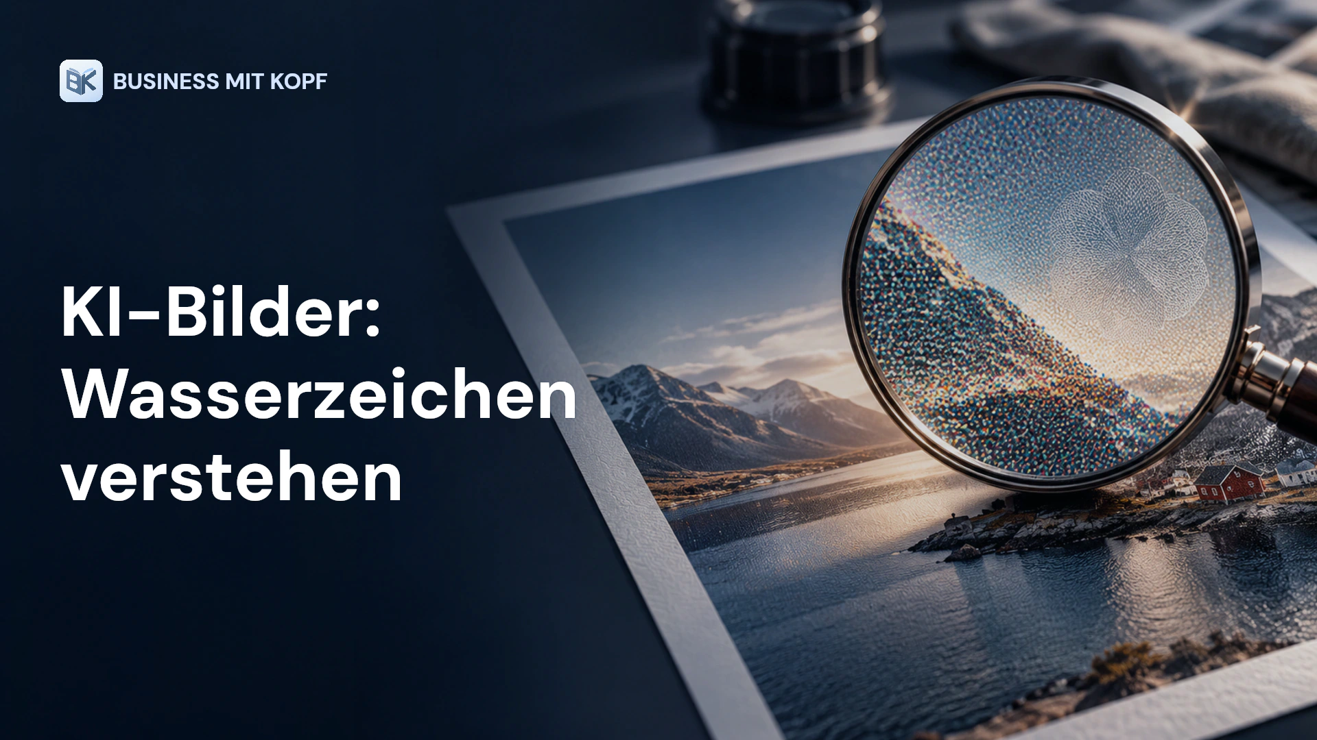 Lupe über einem Bild mit feinen Pixelmustern. Titel: KI-Bilder: Wasserzeichen verstehen.