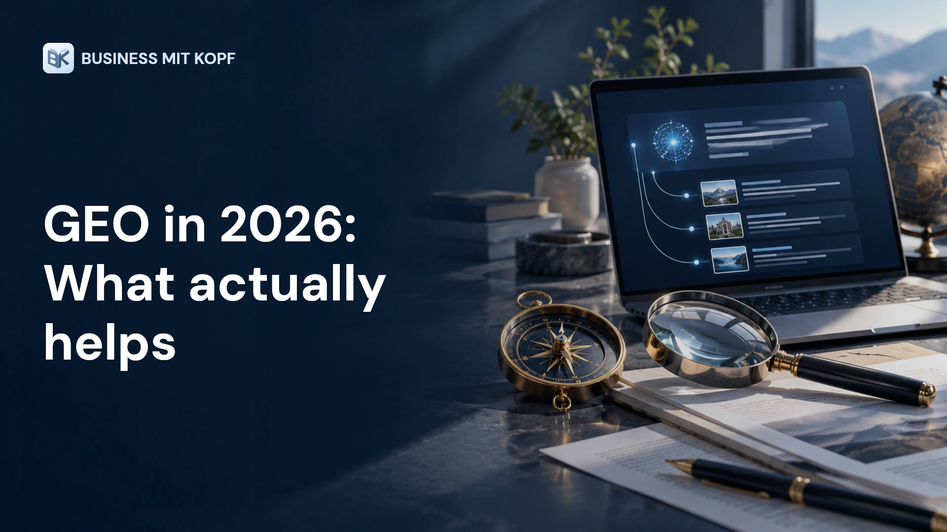 Compass, magnifying glass and AI search result. Title: GEO in 2026: What actually helps.